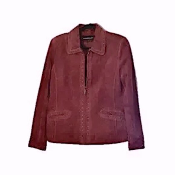 😊Monteray Bay Burgundy Suede Jacket Womens Sz 12 Antique Brass Studs Zip Pocket - Picture 1 of 10